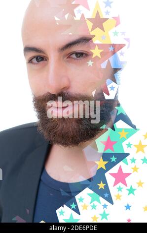 A bearded bold man in a black jacket with a sly smile looking into the camera colorful digital illustration portrait Stock Photo