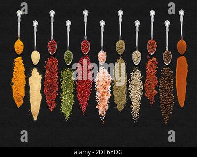 Various seasonings and herbs in spoons on dark background Stock Photo