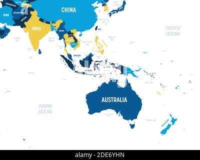 Australia and Southeast Asia map - brown orange hue colored on dark  background. High detailed political map of australian and southeastern Asia  region with country, ocean and sea names labeling Stock Vector