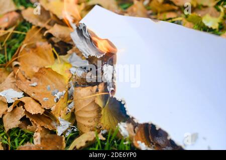 Close up set on fire burning white paper sheet and fall dry yellow foliage with flame, smolder and ash Stock Photo