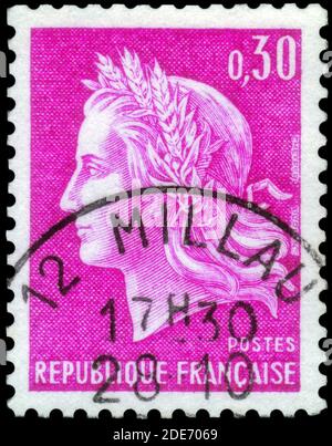 Saint Petersburg, Russia - September 27, 2020: Stamp printed in the France with the image of the Marianne of Cheffer, circa 1967 Stock Photo