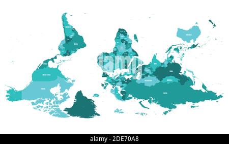 Reversed or upside down political map of World. South-up orientation. Vector illustration. Stock Vector