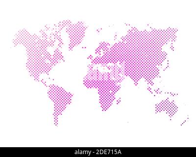 World map of pink dots on white background in corss arrangement. Map of world silhouette flat halftone vector theme. Stock Vector