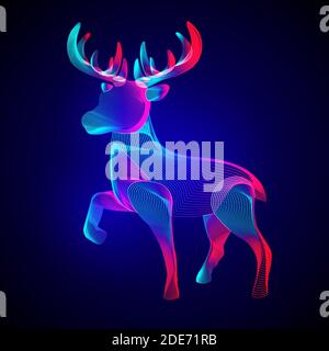 Christmas reindeer. Stylized silhouette of standing horned deer. Outline vector illustration of a wild animal in 3d line art style on neon abstract ba Stock Vector