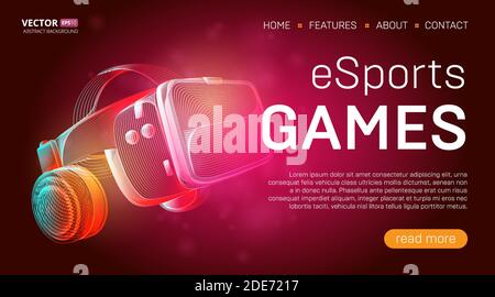 Esports games landing page template with a virtual reality headset with glasses and headphones or VR helmet banner design. Outline vector illustration Stock Vector