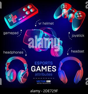Cybersport games icon set - abstract VR helmet with glasses, headphones, gamepad, joystick. Outline vector illustration of different attributes for re Stock Vector