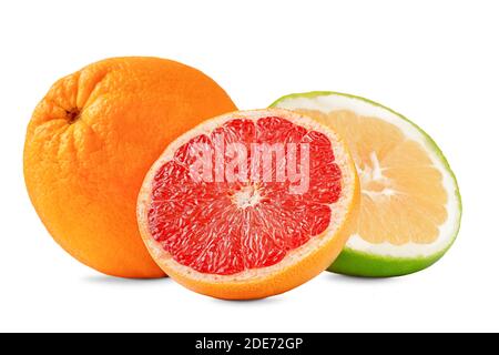 Composition of grapefruit, orange and sweetie fruits isolated on white background. Stock Photo