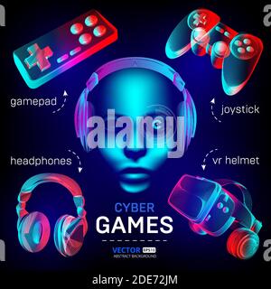 Cybersport games icons set - abstract VR helmet with glasses, headphones, gamepad, joystick and robot face. Outline vector illustration of different s Stock Vector
