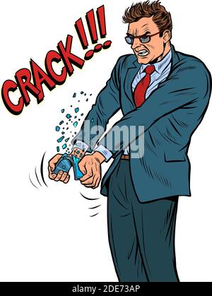 A man breaks his phone in anger Stock Vector