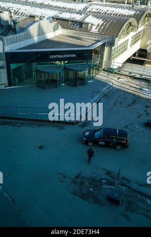 Stockholm - 02/07/2017: Central Station view from above with people and a taxi Stock Photo