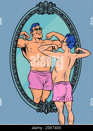 A man in front of a mirror imagines himself muscular Stock Vector