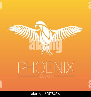 Flaming Phoenix Bird with wide spread wings in white on orange fire colors background. Symbol of reborn and regeneration. EPS10 vector illustration. Stock Vector