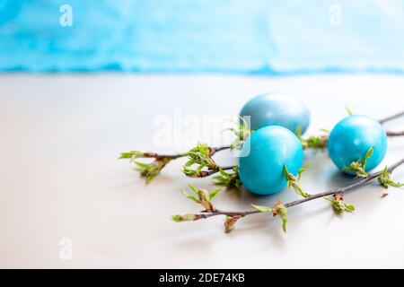 Close up of three blue Easter eggs Stock Photo