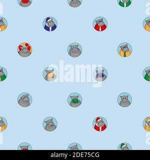 Blue seamless pattern of different hippos. Happy, sad, angry, in love, Santa hippopotamus, Happy Birthday, office clerk in shirt and tie, in mask, crying animal Stock Vector