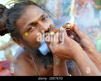 Hashish-smoking young happy Indian sadhu with top bun lightens his chillum pipe with the help of another sadhu during Bhavnath Fair (Shivratri Mela). Stock Photo