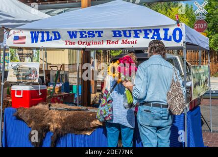 Buffalo meat for sale at the Santa Fe Railyard Farmers Market, Santa Fe, New Mexico, USA. Stock Photo