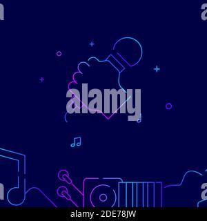 Hand with microphone gradient line vector icon, simple illustration on a dark blue background, music related bottom border. Stock Vector