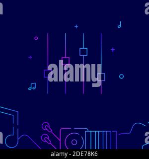Sound mixer sliders gradient line vector icon, simple illustration on a dark blue background, music related bottom border. Stock Vector