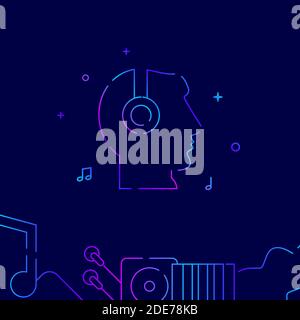 Head in headphones gradient line vector icon, simple illustration on a dark blue background, music related bottom border. Stock Vector