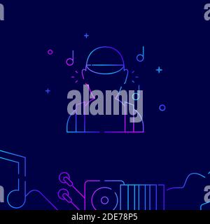 Dude listening to music gradient line vector icon, simple illustration on a dark blue background, music related bottom border. Stock Vector