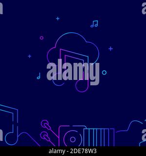 Play from the cloud gradient line vector icon, simple illustration on a dark blue background, music related bottom border. Stock Vector
