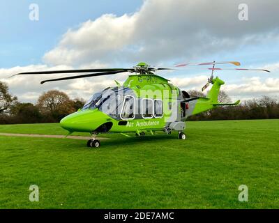 Hastings, East Sussex, UK. 2nd Feb 2019: The Childrens Air Ambulance charity helicopter on the helipad by conquest Hospital Stock Photo