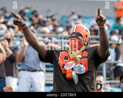 Jacksonville, FL, USA. 29th Nov, 2020. Cleveland Browns running back Nick  Chubb (24) is tackled by Jacksonville Jaguars cornerback Josiah Scott (24)  during 1st half NFL football game between the Cleveland Browns