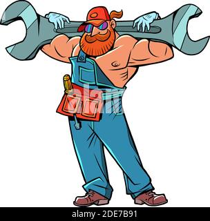 Muscular plumber with a monkey wrench Stock Vector