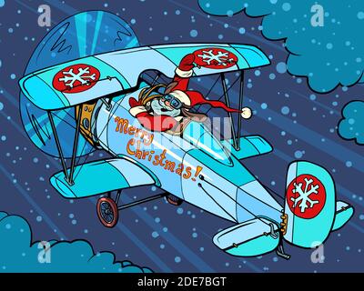 Santa Claus is flying on a plane Stock Vector