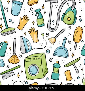 Hand drawn seamless pattern of cleaning equipments, sponge, vacuum, spray, broom, bucket. Doodle sketch style. Clean element drawn by digital brush-pen. Illustration for background, wallpaper, banner. Stock Vector
