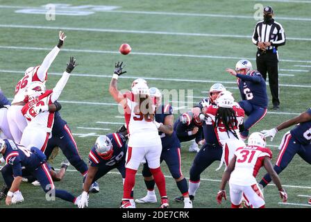 Gillette Stadium. 29th Nov, 2020. MA, USA; New England Patriots kicker Nick Folk (6) kicks for the extra point during the NFL game between Arizona Cardinals and New England Patriots at Gillette Stadium. Anthony Nesmith/CSM/Alamy Live News Stock Photo