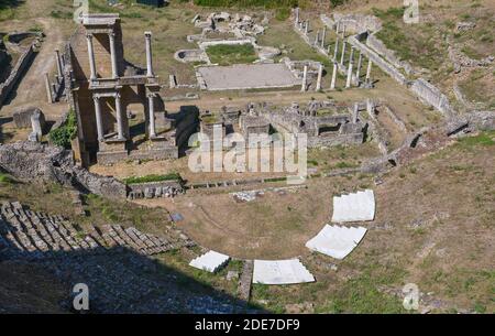 Elevated view of the Roman Theatre of Volterra (1st century BC), Pisa, Tuscany, Italy Stock Photo