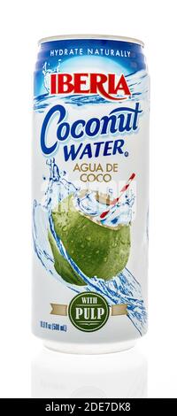 Winneconne, WI -22 November 2020:  A can of Iberia coconut water with pulp on an isolated background. Stock Photo