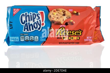 Winneconne, WI -22 November 2020:  A package of Chips Ahoy reeses mini pieces cookies on an isolated background. Stock Photo