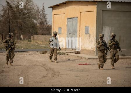 A U.S. Army soldiers during a dismount patrol on the way to meet with village elders in Northern Syria November 24, 2020 near Qamishli, Syria. The soldiers are in Syria to support Combined Joint Task Force Operation Inherent Resolve against the Islamic State fighters. Stock Photo