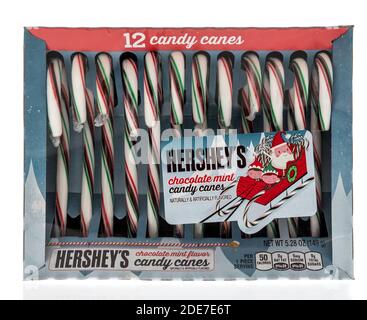 Winneconne, WI -29 November 2020:  A package of Hersheys candy canes on an isolated background. Stock Photo