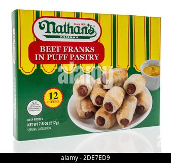 Winneconne, WI -29 November 2020:  A package of Nathans beef franks in puff pastry on an isolated background. Stock Photo
