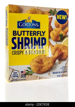Winneconne, WI -29 November 2020:  A package of Gortons butterfly shrimp on an isolated background. Stock Photo