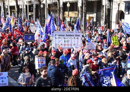 Washington DC. Nov 14, 2020. Million Maga March. Large group of peaceful Trump’s supporters with placards, signs and flags gathered at Freedom Plaza.