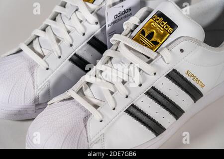 Superstar - famous sneaker model produced by German manufacturer of sports equipment and accessories Adidas. Retro shoe, in production since 1969 - Moscow, Russia November 2020 Stock - Alamy