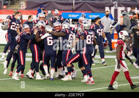 Foxborough, United States. 29th Nov, 2020. New England Patriots players congratulate kicker Nick Folk (6) on his 50-yard game winning field goal against the Arizona Cardinals in the fourth quarter at Gillette Stadium in Foxborough, Massachusetts on Sunday, November 29, 2020. The Patriots defeated the Cardinals 20-17. Photo by Matthew Healey/UPI Credit: UPI/Alamy Live News Stock Photo