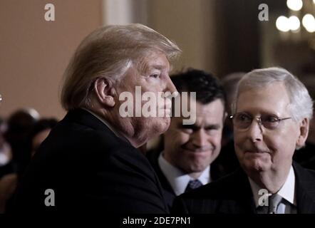 US President Donald Trump stands next to Senate Majority Leader Mitch McConnell (R-KY) after the Republican policy luncheon at the U.S. Capitol Building on January 9, 2019 in Washington, DC. Photo by Olivier Douliery/ABACAPRESS.COM Stock Photo