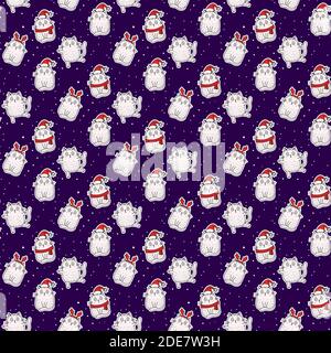 Seamless patterns. White cute cats in a hat with antlers, in a Santa hat, in a scarf on a blue background with white snowflakes. Vector illustration. Stock Vector