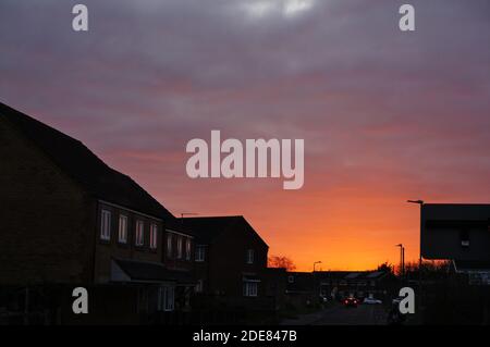 Dramatic sunset over Broadfield Lane in November in Boston Lincolnshire. Stock Photo