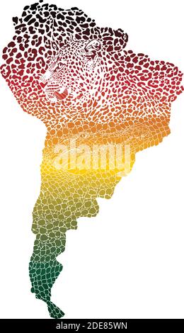 Color Jaguar and crocodile on the map of South America Stock Vector