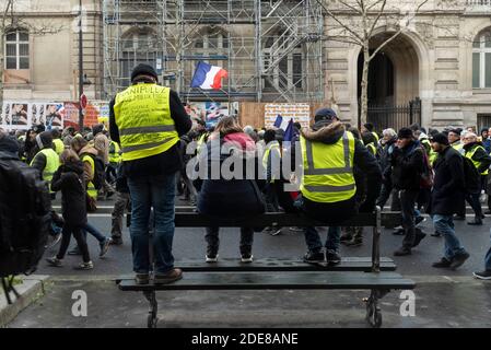 About 7000 people claiming to be part of the Yellow Vests movement (Gilets Jaunes) marched in Paris to protest against the increase in taxes, the cost of living, the implementation of the RIC (Referendum on the Citizens' Initiative) and for some the resignation of President Emmanuel Macron. The procession marched through Paris in peace and quiet, making a loop from the Place des Invalides, some marginal clashes between demonstrators and the police took place at the end of the march. Paris, France, January 19, 2019. Photo by Samuel Boivin/ABACAPRESS.COM Stock Photo