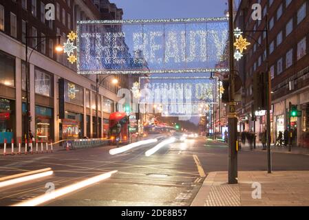 Light Curtains LED Festive Season Art Public Display With Love Xmas Christmas Lights 2020 Oxford Street, West End, Westminster, London W1D Stock Photo