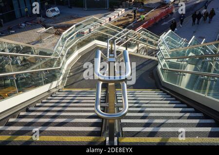 Looking down steps of the New Brayford footbridge over the railway line in Lincoln Lincolnshire Stock Photo