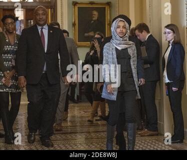 United States Representatives Andre Carson (Democrat of Indiana), left, and US Representative Ilhan Omar (Democrat of Minnesota), right, depart the US Senate Chamber after joining their US House Democratic colleagues in witnessing two votes on legislation to reopen the government in the US Capitol in Washington, DC, USA on Thursday, January 24, 2019. Both proposals were voted upon and both failed to get enough votes to pass. Photo by Ron Sachs/CNP/ABACAPRESS.COM Stock Photo