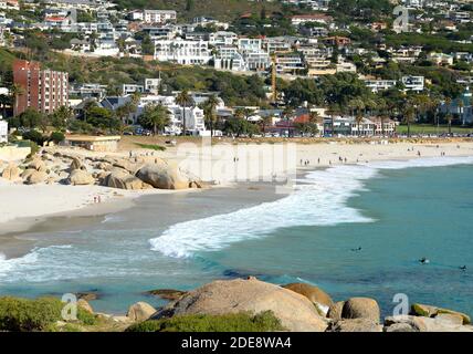 Glen Beach and Camps Bay Beach in Cape Town, South Africa. Waving sea in South Africa. Stock Photo